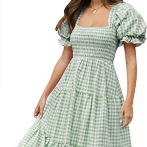Bohemian Summer Plaid Square Neck Puff Sleeve Ruffle Dress